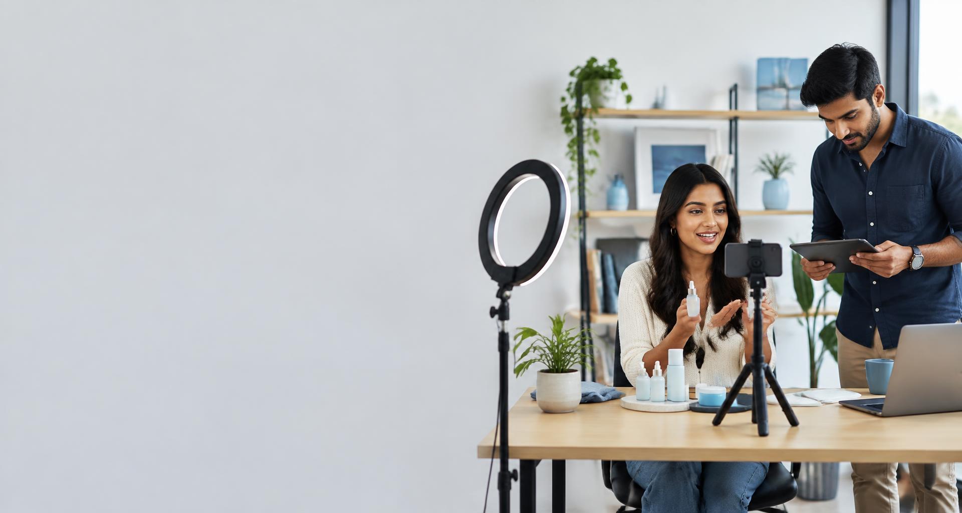 Content creator recording a product demonstration with a campaign producer